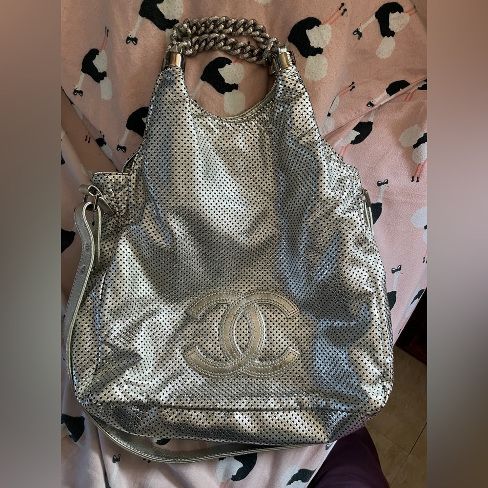 CHANEL Rodeo Drive Fab Silver Perforated Leather Hobo Bag